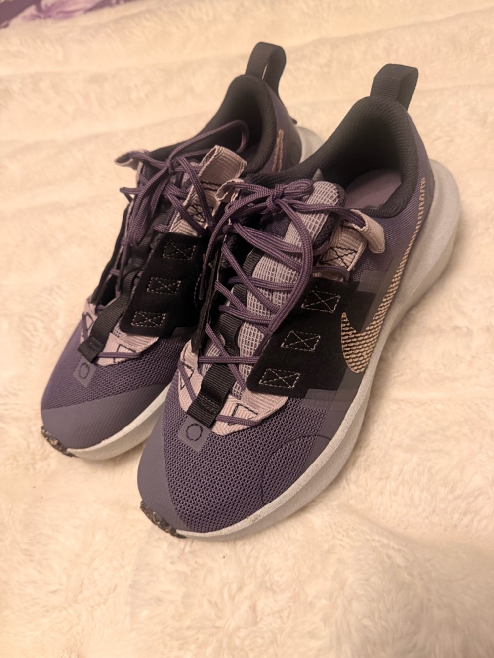 Girls Nike Purple and Black Athletic Sneakers with Gold Swoosh